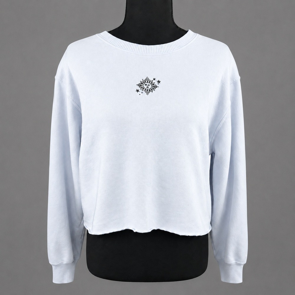 Hollister Size S White Cropped Sweatshirt Celestial Sun Moon Stars Raw Hem